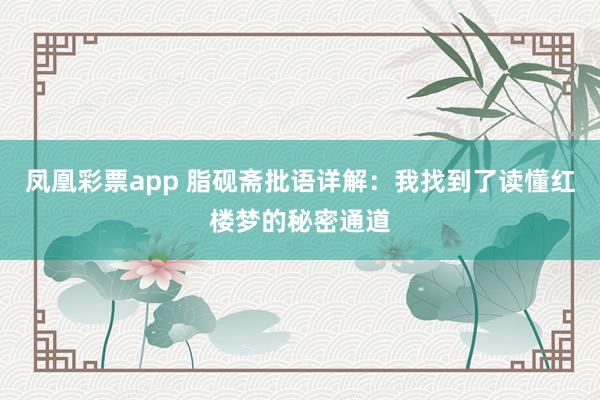 凤凰彩票app 脂砚斋批语详解：我找到了读懂红楼梦的秘密通道