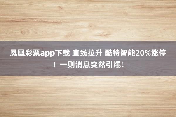 凤凰彩票app下载 直线拉升 酷特智能20%涨停！一则消息突然引爆！