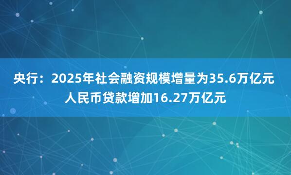 央行：2025年社会融资规模增量为35.6万亿元 人民币贷款增加16.27万亿元