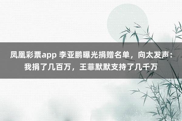 凤凰彩票app 李亚鹏曝光捐赠名单,向太发声:我捐了几百万,王菲默默支持了几千万
